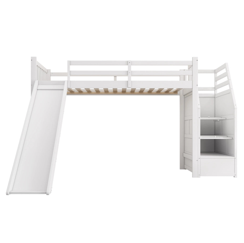 Letto a soppalco 90x200 cm con scivolo e scala portaoggetti in legno bianco