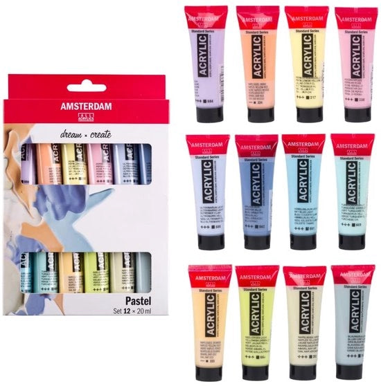 Set di vernici acriliche 12 x 20ml - Alta intensità di colore - Viscosità costante - Imballaggio ecosostenibile - Per artisti/entusiasti - 102 colori vivaci - Set di vernici