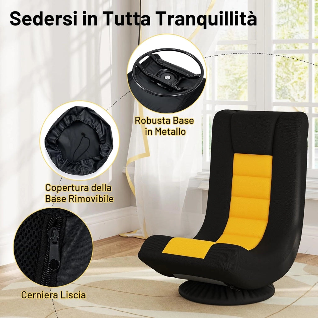 Sedia da Pavimento Pieghevole, Sedia Girevole a 360°, Sedie da Terra con 4 Posizioni Regolabili, Sedia per Lettura Gaming, Portata 140 kg