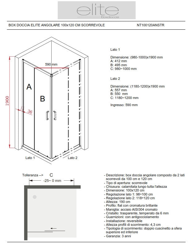 BOX DOCCIA ELITE ANGOLARE 100x120 CM SCORREVOLE OPACO