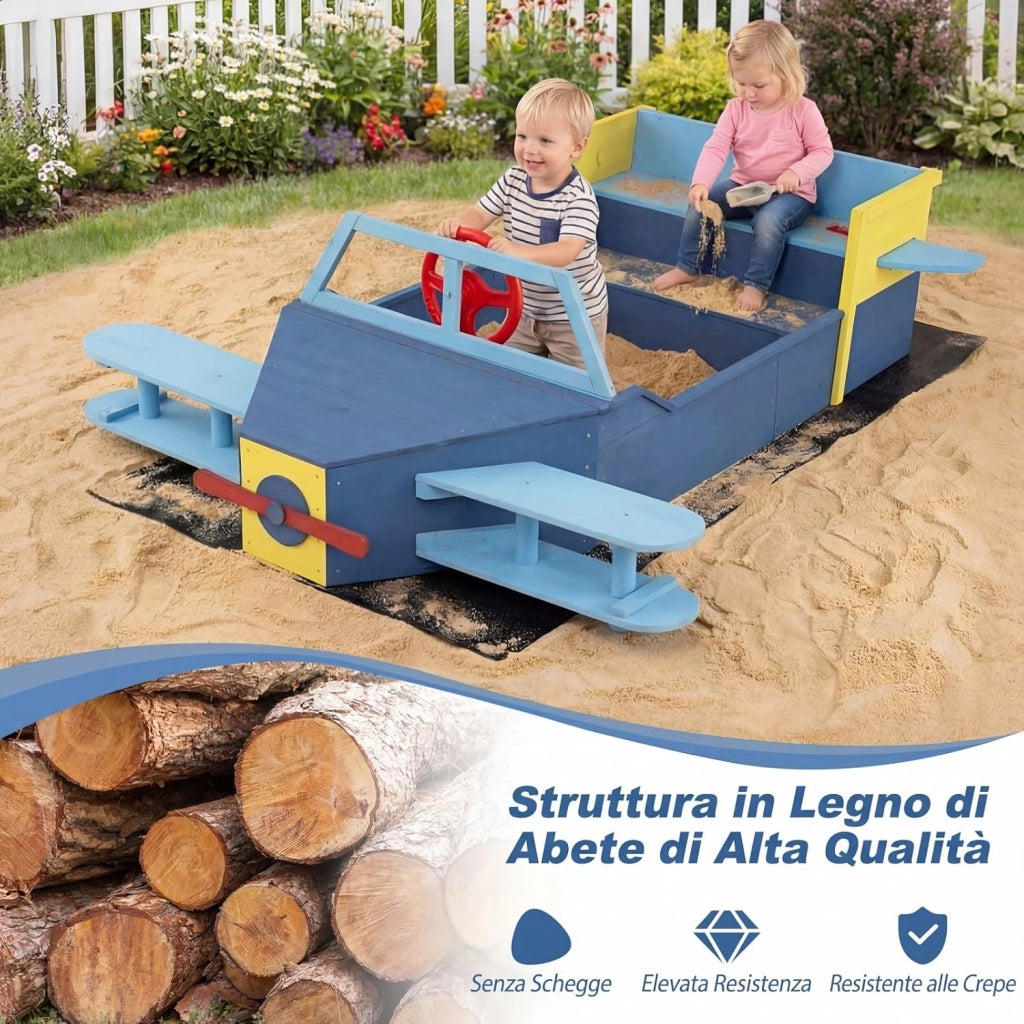 COSYWAY Sabbiera per Bambini in Legno, Gioco da Spiaggia a Forma di Aliante con Panca, Elica, Timone e Alette, Sabbiera da Esterno con Fodera Inferiore per Spiaggia e Cortile, 18 Mesi+, 180x100x50 cm