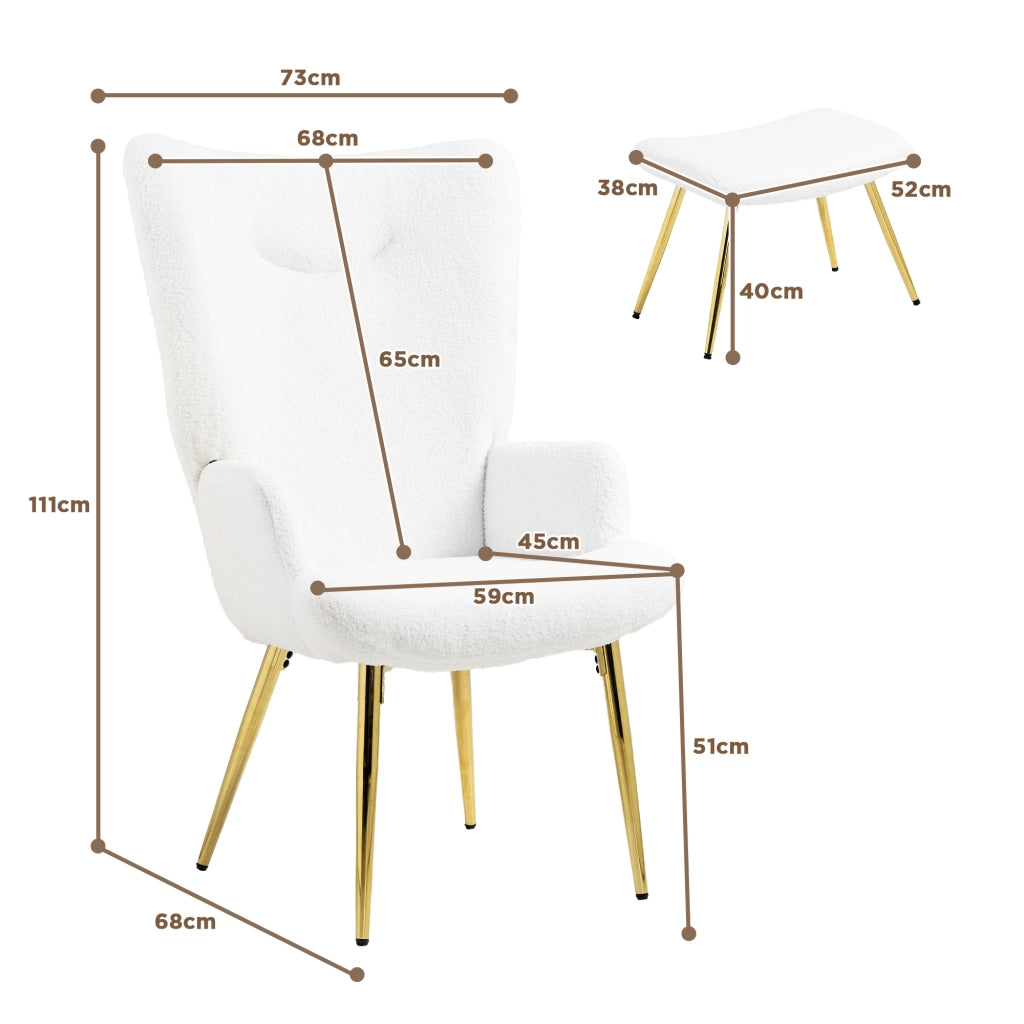 Poltrona con pouf ¨C Zephmum ¨C Bianco, Sherpa, metallo dorato