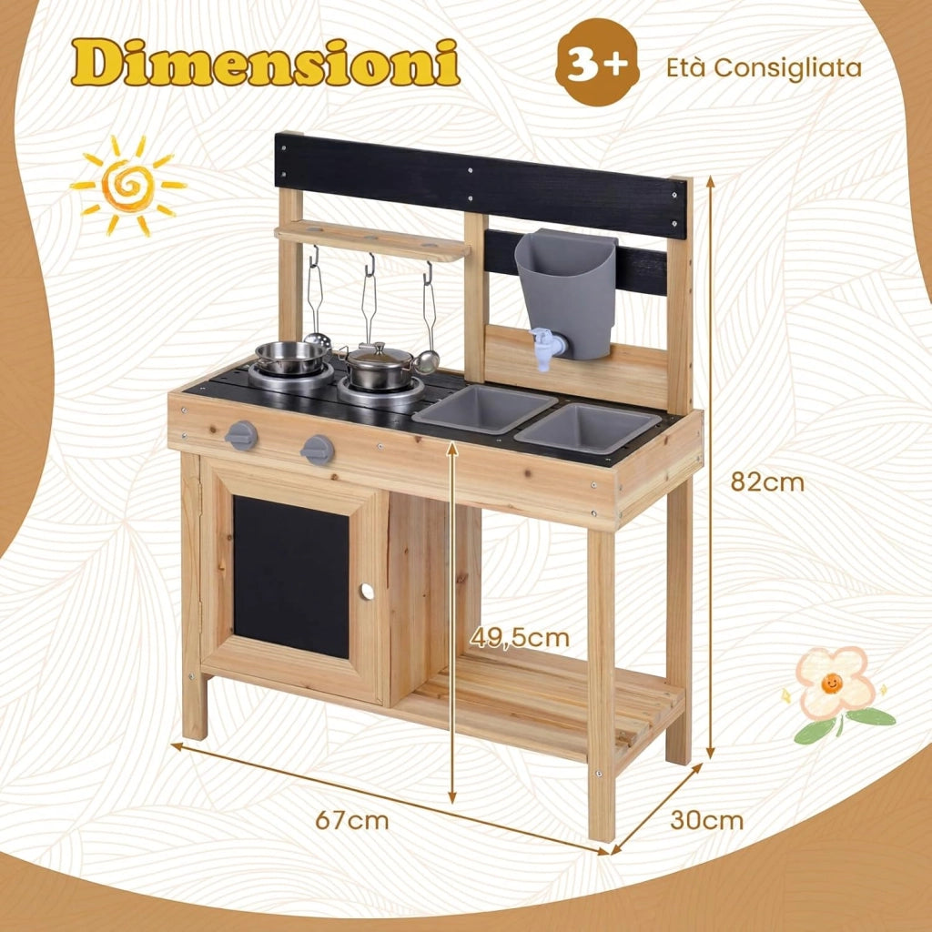 Cucina Giocattolo da Esterno per Bambini in Legno, Cucinetta per Giocare Sabbia, Gioco Montessori con Lavagne, Lavandini, Serbatoio d'Acqua e Utensili e Ampio Spazio di Stoccaggio