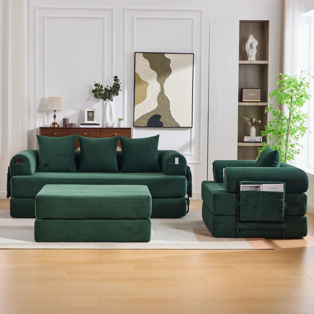 Divano modulare con pouf e tasca laterale, struttura in metallo, in velluto a coste verde smeraldo 200 × 190 × 67 cm