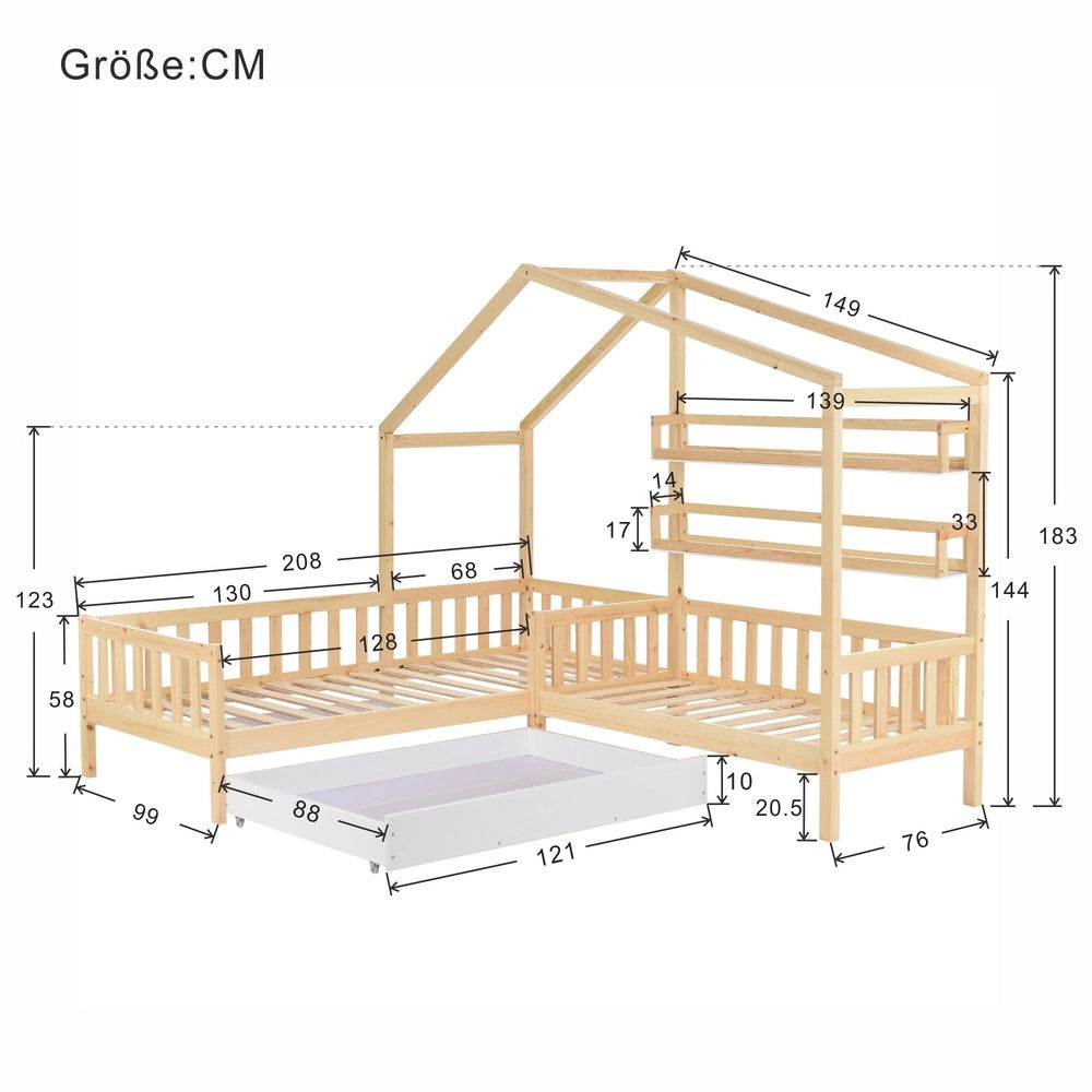 Letto Casetta per Bambini con Cassetti e Doghe ¨C MINIMAL ¨C Legno Massello Naturale 90x200 + 140x70