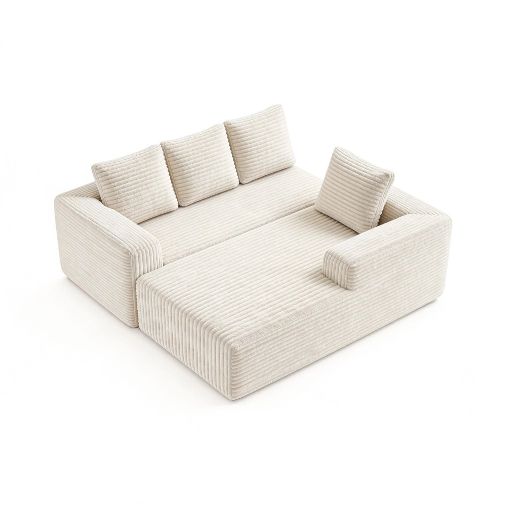Divano ad angolo, divano a L, con poltrona reclinabile a destra, design modulare, 4 cuscini, pronto all’uso, beige