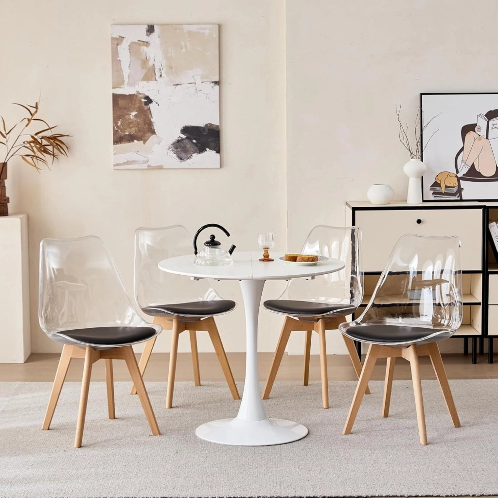 GrandCA HOME Tavolo da Pranzo con 4 Sedie, Tavolo da Pranzo Rotondo Moderno Bianco da 80 CM, 4 Sedie da Cucina Trasparenti Tulip, per Cucina, Soggiorno (Nere)