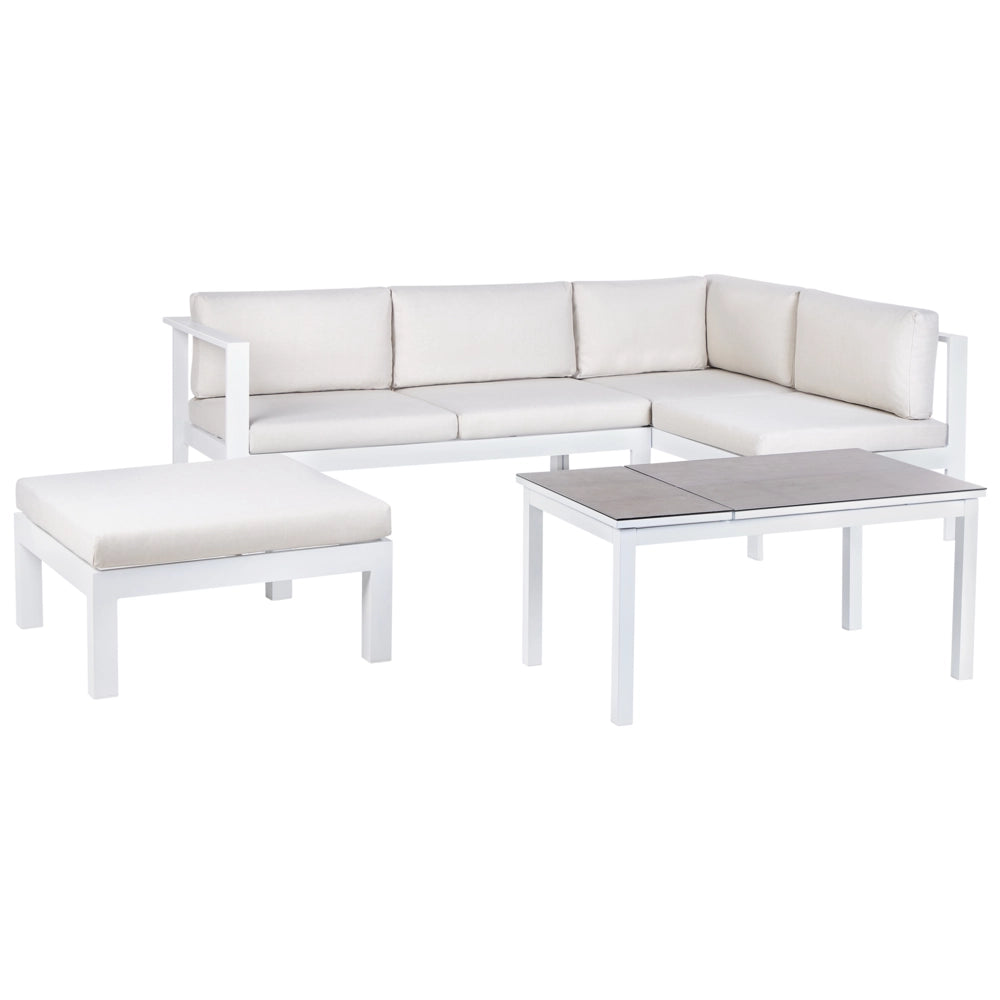 Set da giardino divano 5 posti e tavolo elevabile con struttura bianca e piano in vetro e cuscini bianchi color crema stile moderno scandinavo