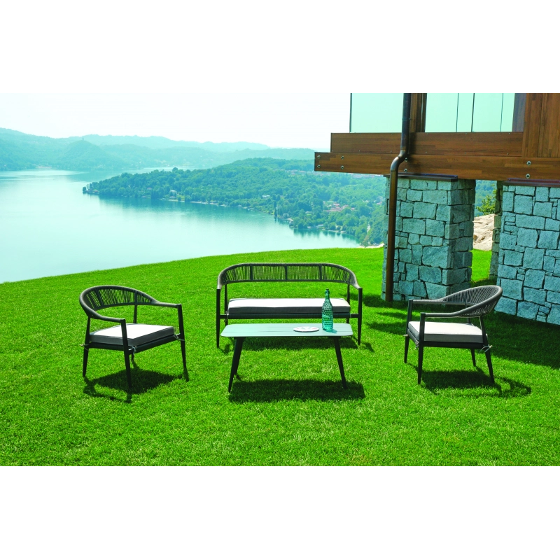 Salotto Milano In Alluminio Antracite + Seduta E Schienale In Wicker Grigio Moia