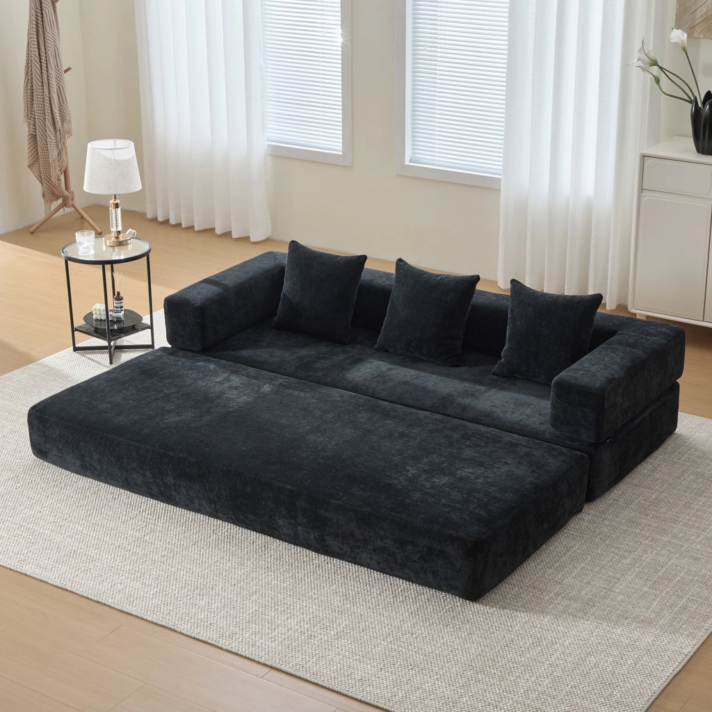 DIVANO modulare in chenille nero 198x79x60 cm