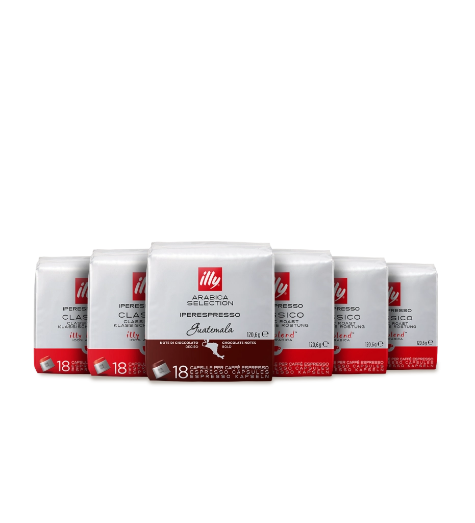 Illy capsule caffè iperespresso tostato classico rosso, 5 confezioni da 18 capsule classica + 1 guatemala, totale 108 capsule
