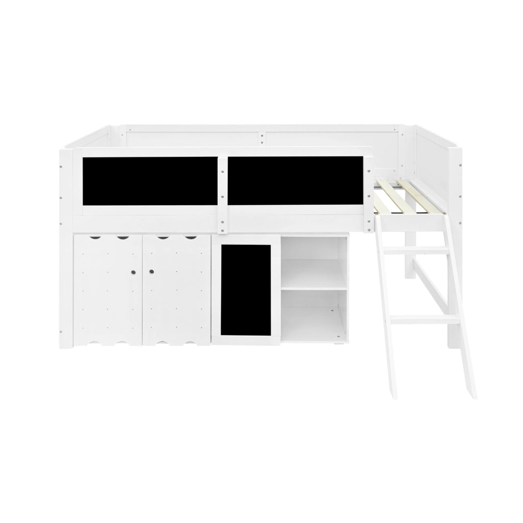 Letto a Soppalco 90 x 200 cm con Armadio a 2 Ante; Lavagna e Scala - Bianco e Nero