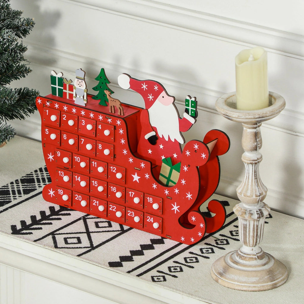 Calendario dell'Avvento Babbo Natale con Slitta ¨C zephmum ¨C 24 Scompartimenti, 22.5x8x36 cm, Rosso