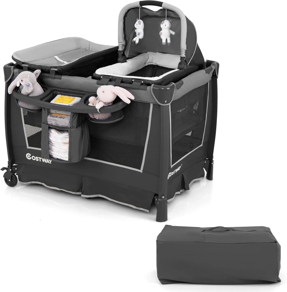 Lettino da Campeggio Pieghevole 5 in 1, Box Bambini con Culla Removibile, Fasciatoio, Materasso, Ripiano Portaoggetti, Ruote Bloccabili, per Bambini 0-36 Mesi (Verde, 103 x 74 x 73 cm)