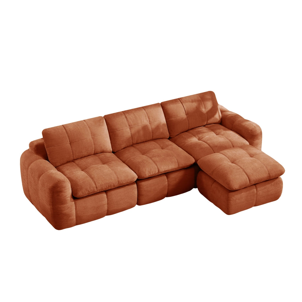 Divano modulare a L 3 posti - con pouf - in chenille - arancione