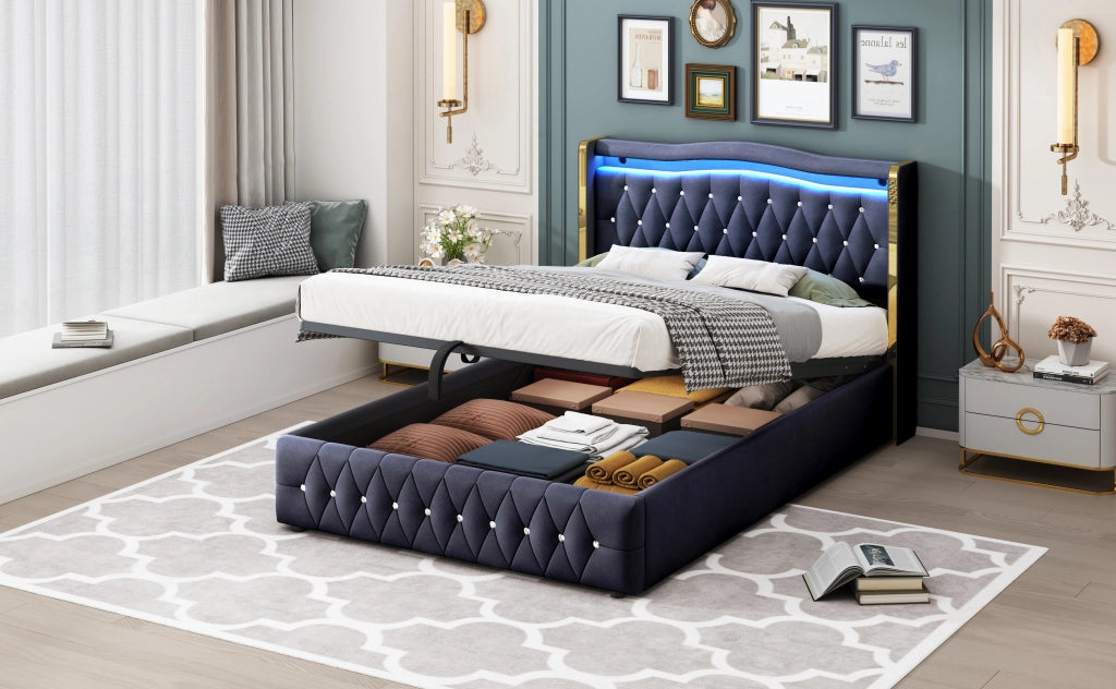 Letto imbottito con LED, contenitore idraulico e gambe larghe, 140x200 cm, velluto nero