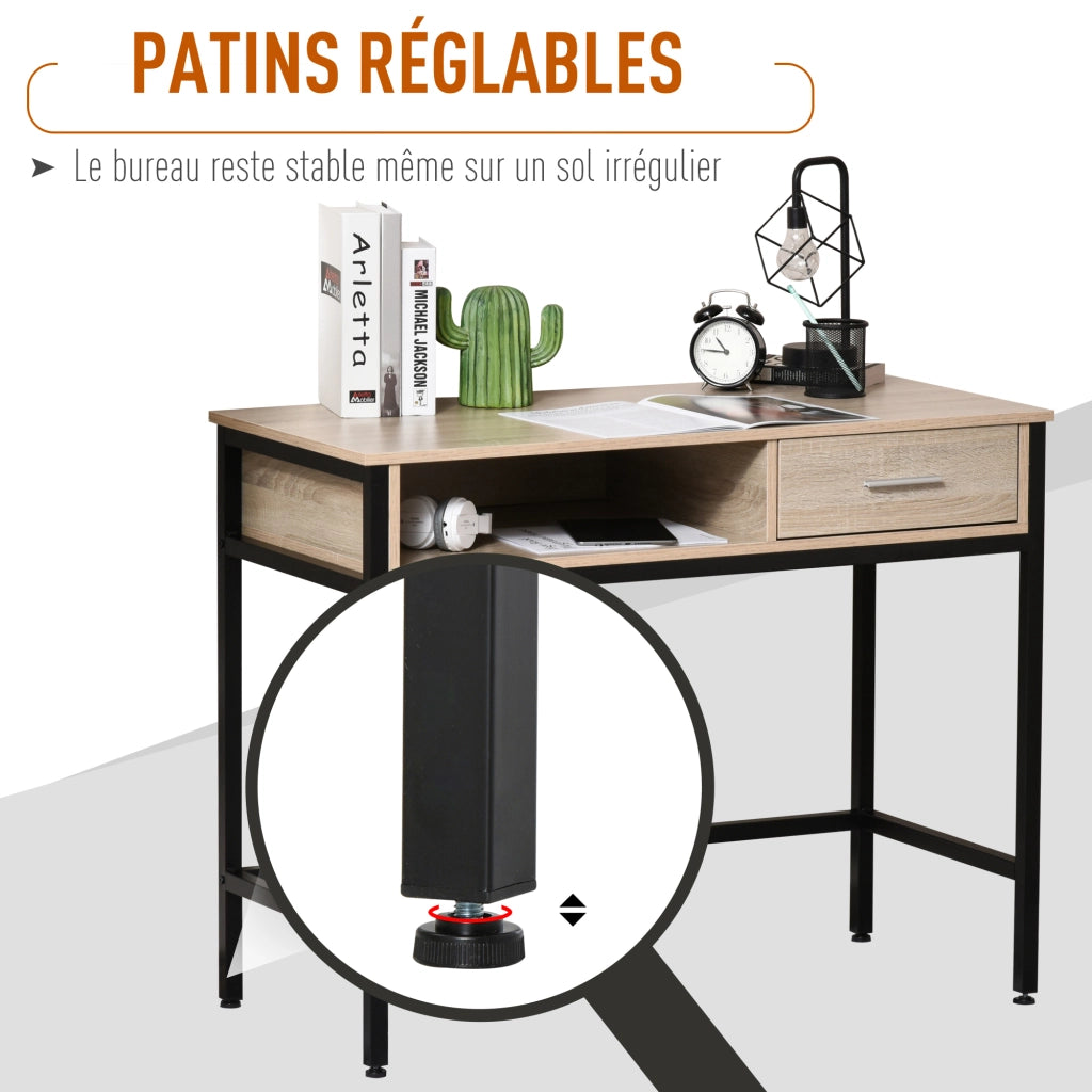 Scrivania industriale con cassetto ¨C Xylo ¨C metallo nero e piano in rovere chiaro