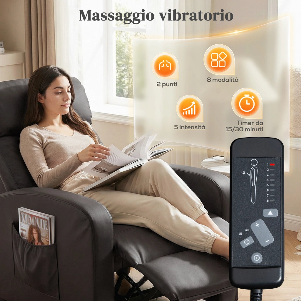Poltrona Relax Massaggiante con Telecomando e 8 Programmi, Reclinazione e Poggiapiedi, 68x88x98cm, Marrone