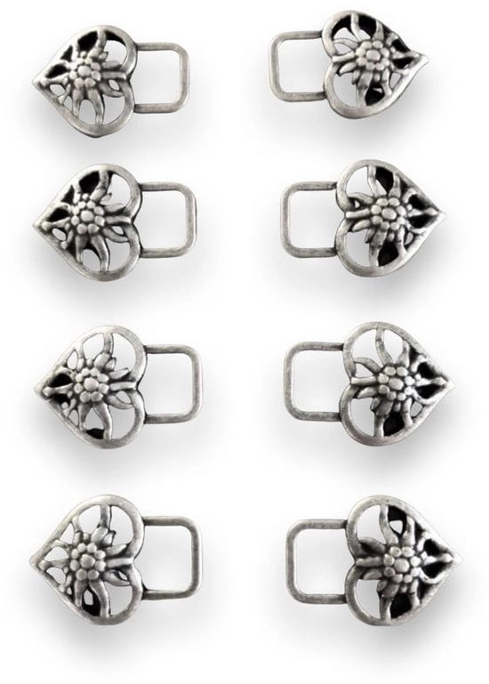 8 fibbie robuste in argento antico a forma di cuore con motivi di edelweiss per signore, portatrici di dirndl e donne del costume tradizionale, 26 mm x 19 mm
