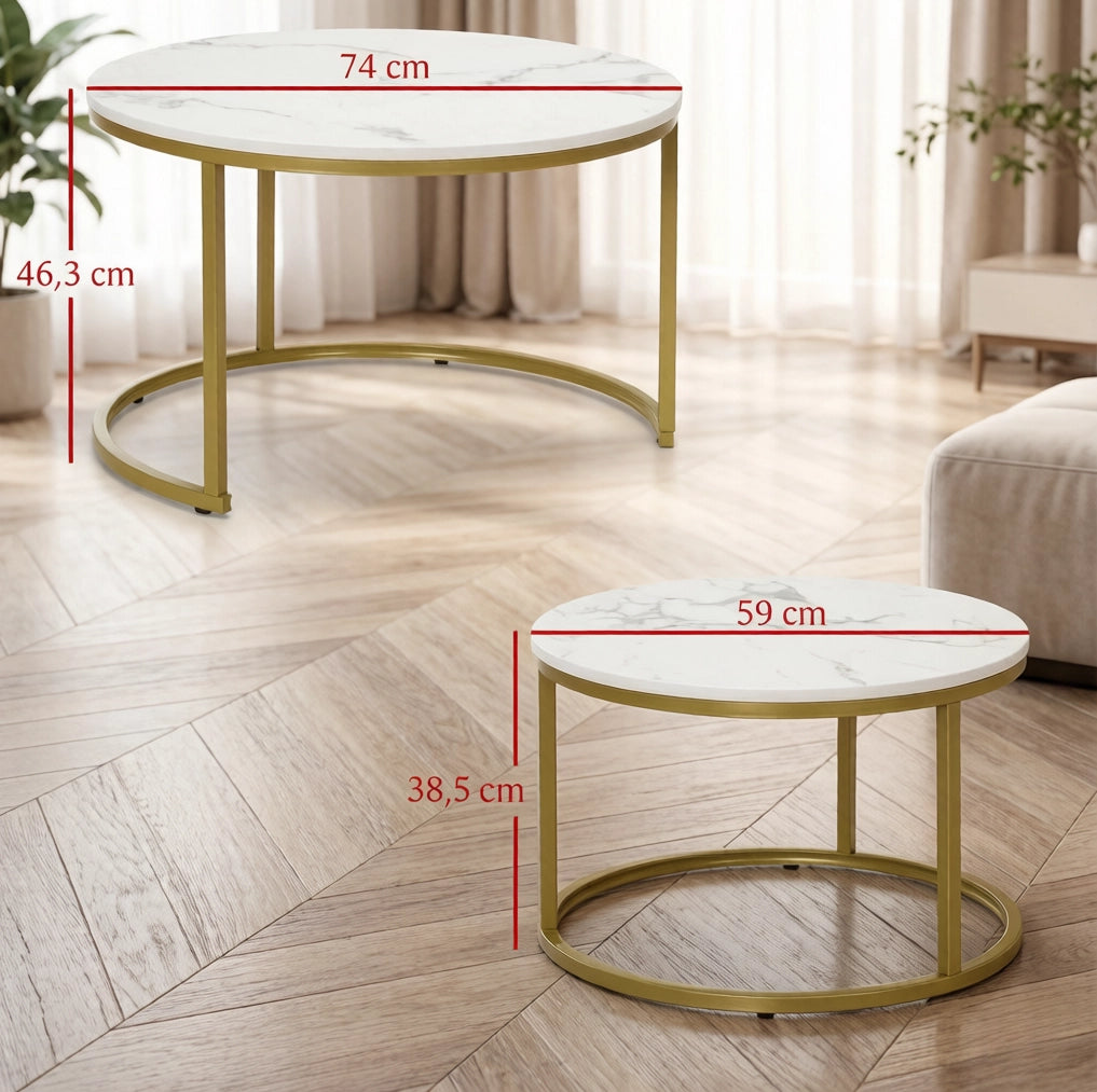 Set di 2 tavolini da caffè impilabili oro e bianco effetto marmo