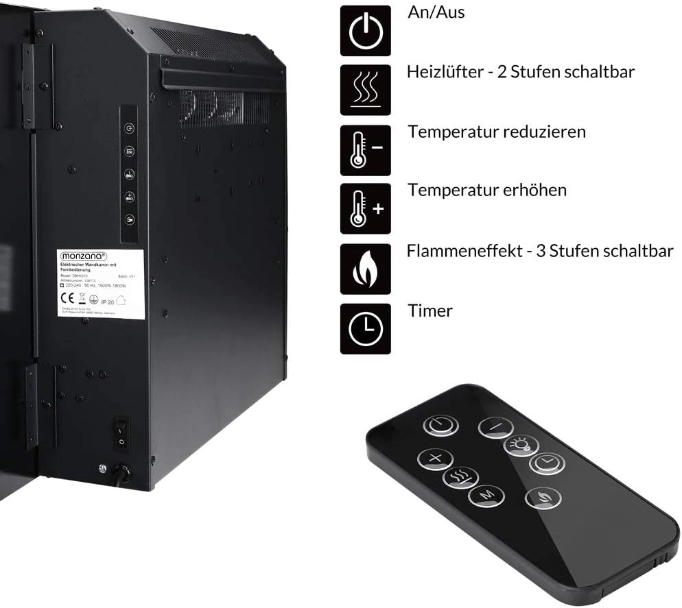 Caminetto a Parete Camino Elettrico Display Head Up 900W / 1800W Termostato Telecomando Timer Regolabile