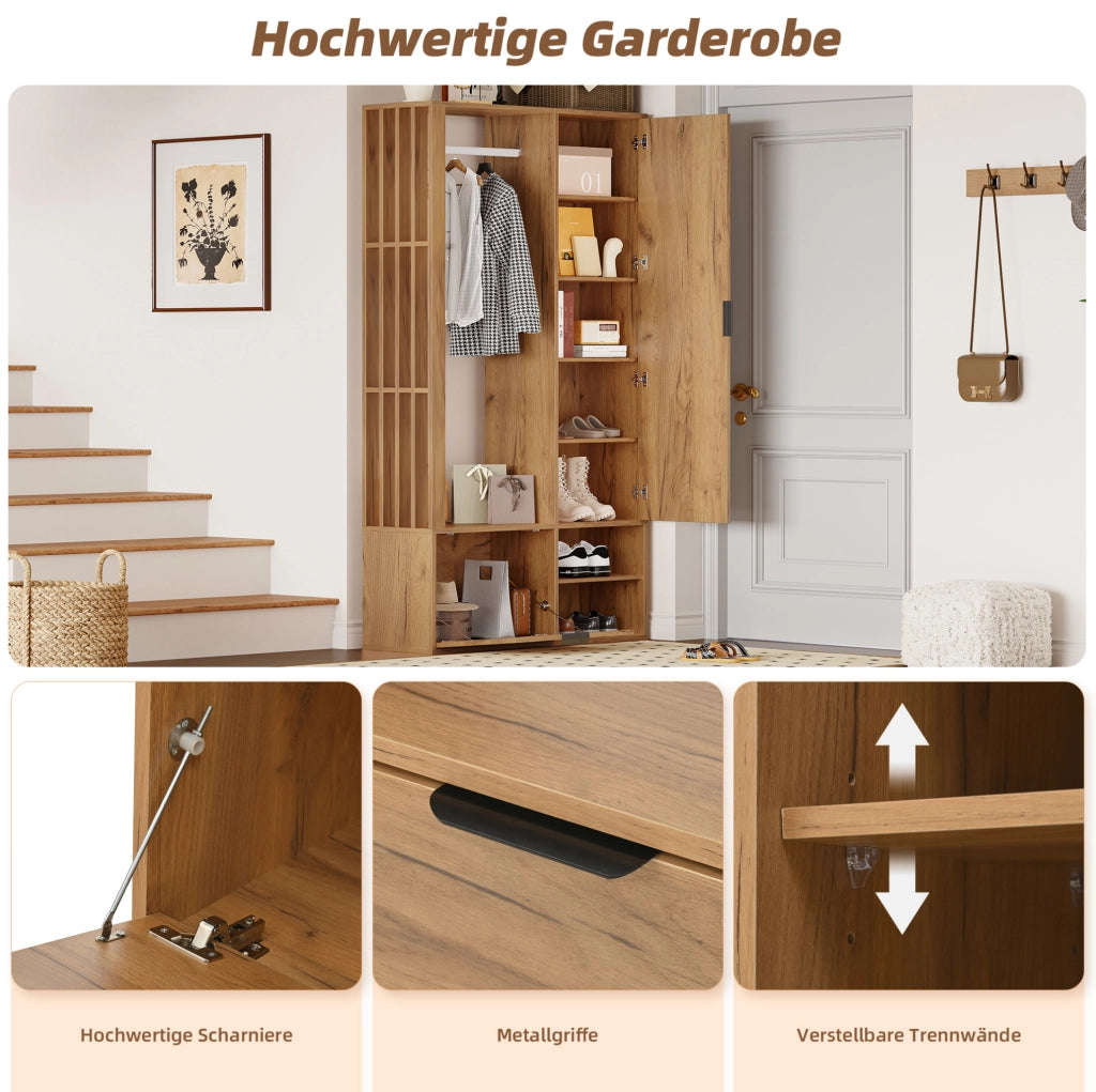 Mobile ingresso 6 in 1 con specchio, appendiabiti e 9 vani, 100x33x190 cm