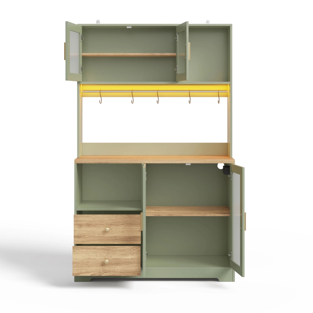 Credenza alta 110x40x178 cm con LED; prese USB; vetri temperati; MDF; verde antico