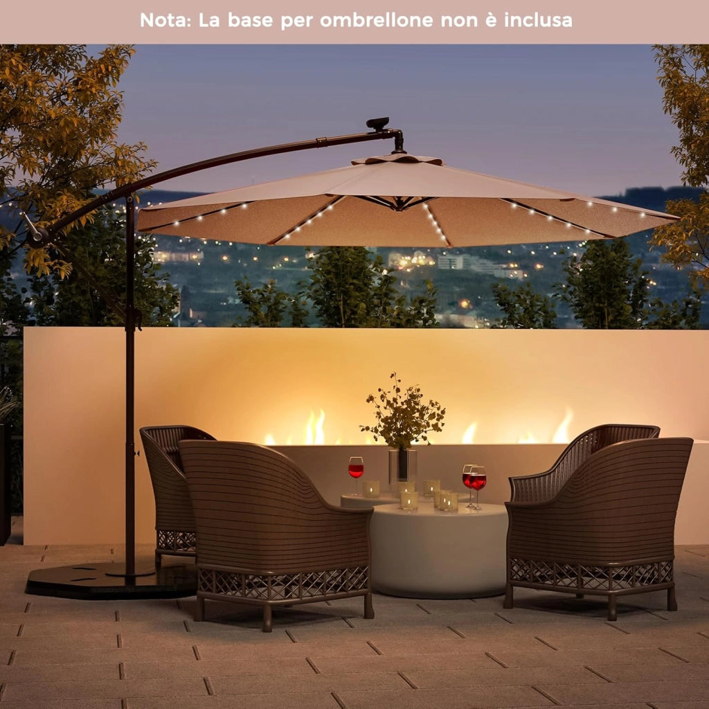 Ombrellone da Giardino 300 cm, 40 Luci LED Solari, Anti-UV, Inclinazione Regolabile, Manovella, 8 Stecche per Esterno Piscina Patio (Marrone)