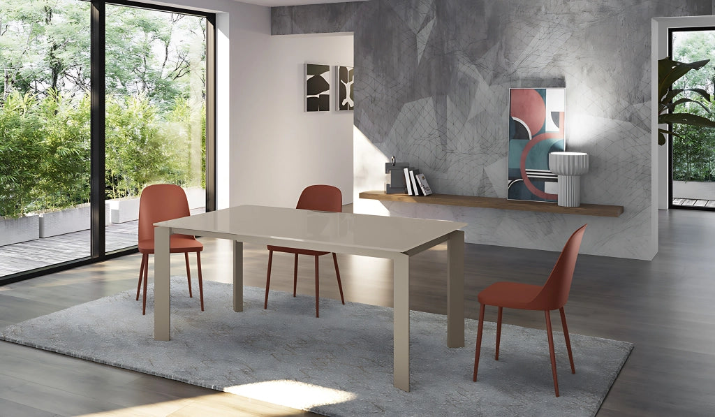 Tavolo Allungabile Frame con Top in Vetro Tortora e Struttura in Metallo Tortora Opaco - Dimensioni 120-170x80x75 cm - Design Moderno