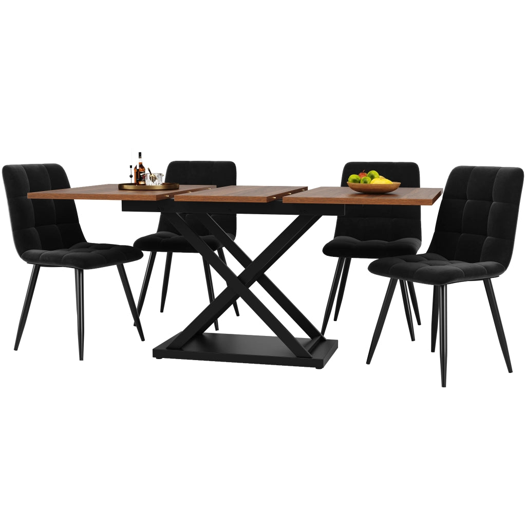 Tavolo da pranzo allungabile per 4 persone con 4 sedie, in MDF e metallo, seduta in velluto, colore noce e nero