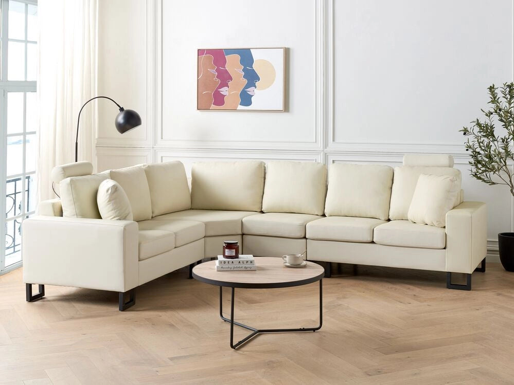 Divano angolare moderno in pelle beige chiaro versione destra con poggiatesta regolabili