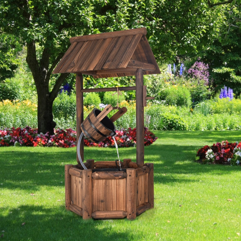 Fontana d¡¯acqua del pozzo dei desideri con pompa elettrica, Fontana decorativa di legno rustica per giardino-Decorazioni da giardino