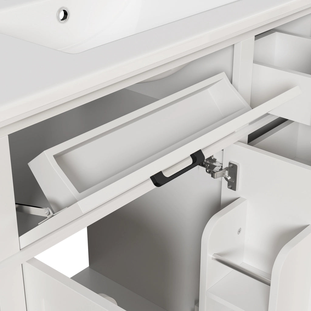 Mobile bagno freestanding 90¡Á46¡Á87 cm, lavabo in ceramica, 4 cassetti, vano ribaltabile, armadio 2 ante, bianco, maniglie nere.