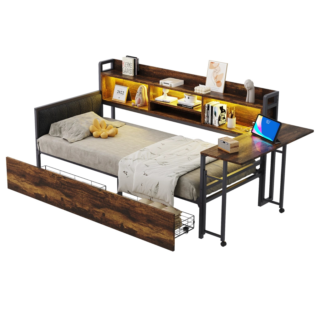 Letto singolo multifunzione 90x200 cm con scrivania, LED, prese e cassetti