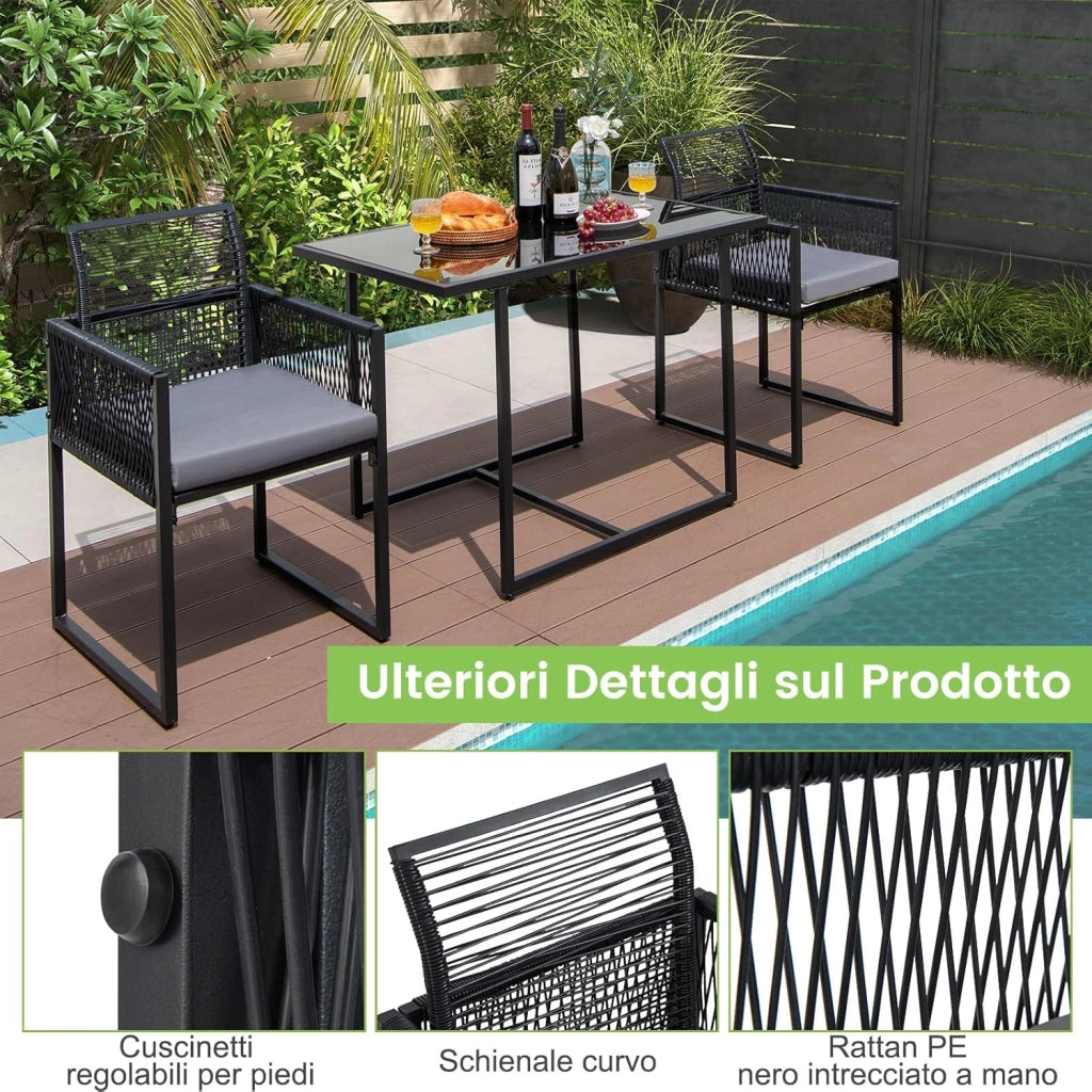 Set di 3 Pezzi Pranzo da Giardino, Set di Tavolo e Sedie da Esterno in Rattan PE con Schienali Pieghevoli, Tavolo in Vetro Temperato, per Balcone Giardino