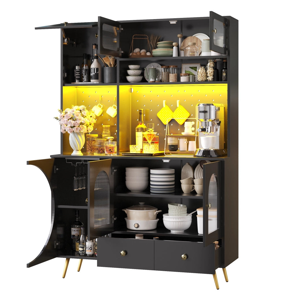 Credenza alta da cucina con 2 Ante; 1 Cassetto; LED; Prese USB; in MDF e Vetro; 120 x 40 x 176 cm; Nero