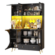 Credenza alta da cucina con 2 Ante; 1 Cassetto; LED; Prese USB; in MDF e Vetro; 120 x 40 x 176 cm; Nero