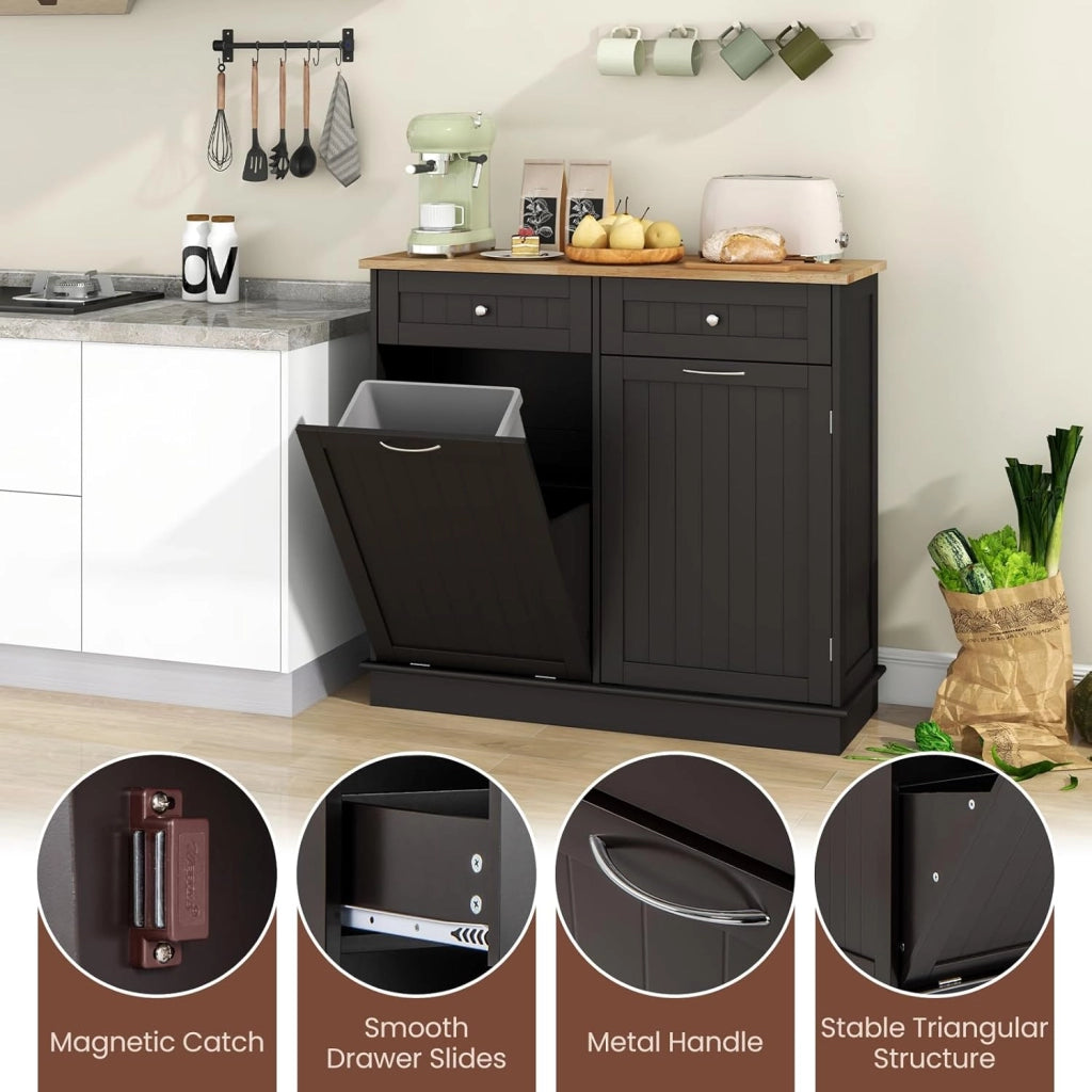 Armadio per Rifiuti da Cucina con Apertura a Ribalta, Mobile per Biancheria Autonomo con Piano in Legno di Gomma, Supporto per Cestino Nascosto, Ripiano Regolabile (Marrone)