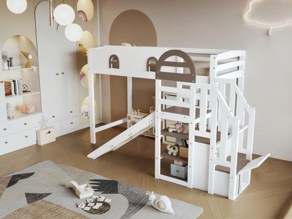 Letto a soppalco per bambini 90x200 cm in pino e MDF; bianco e marrone; con scivolo e scala contenitore per cameretta