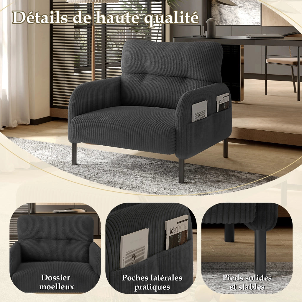 Poltrona Singola con Seduta Profonda e Tasca Laterale Schienale Ergonomico Struttura in Metallo in Velluto a Coste Grigio