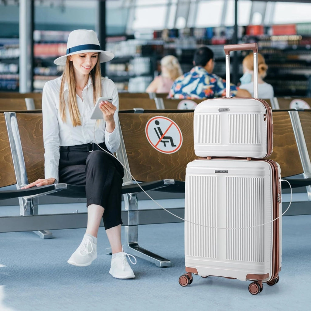 Set di Bagagli da 2 Pezzi, Valigia Trolley da 20" e Casetta da Trucco da 14" in Materiale PP Rigido Leggero con Lucchetto TSA, Porta USB e Ruote Girevoli, Bagaglio a Mano Espandibile (Bianco)