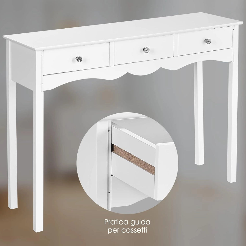 Tavolo Consolle, con 3 Cassetti, Console e Tavoli da Divano, Design Compatto e Stretto, Ingresso, Salotto, Salvaspazio e Moderno, Portata di 45 kg, 100x32x75 cm (Bianco)