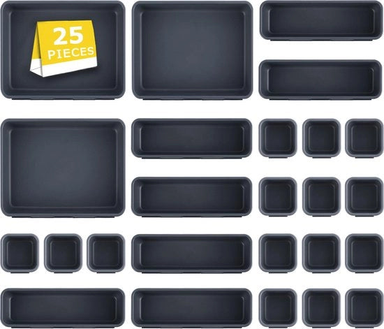 Organizzatore di cassetti, scatola di archiviazione, 25 pezzi, 3 misure, organizzatore di cassetti con superficie antiscivolo, regolabile, per cucina, bagno, ufficio, casa, separatore di strumenti, in plastica.
