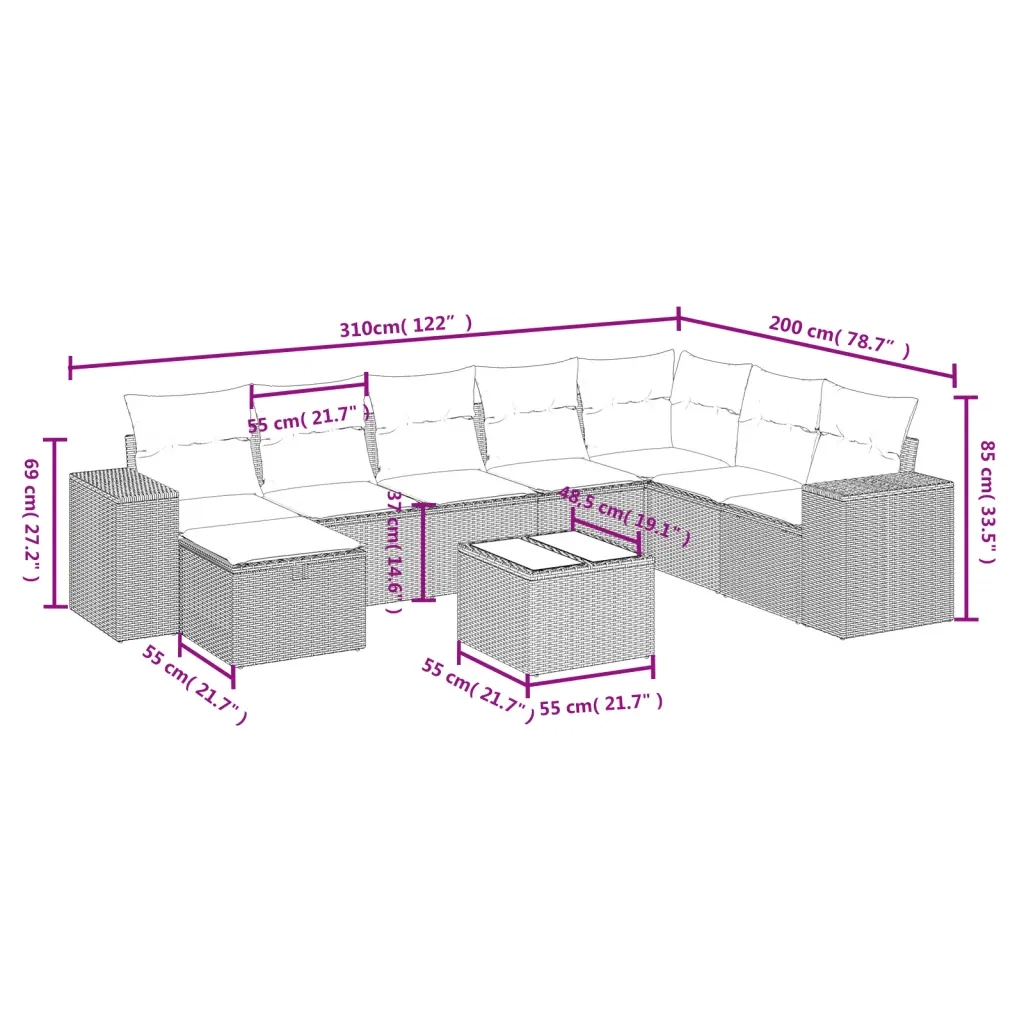 Set Divano da Giardino 9pz con Cuscini Grigio Chiaro Polyrattan 3264528