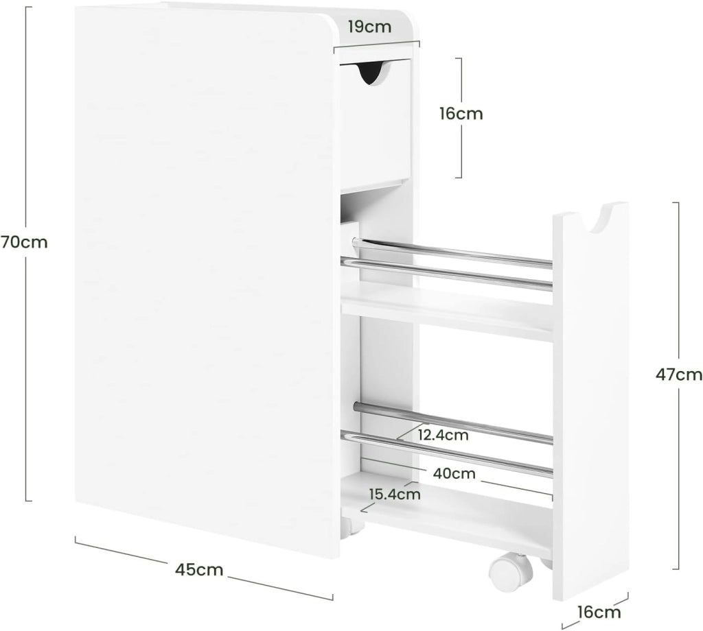 Mobile Bagno Stretto con 2 Cassetti, Mobiletto Compatto Salvaspazio, Armadietto Bagno Verticale, Multifunzionale con Ripiano Aperto, Bianco