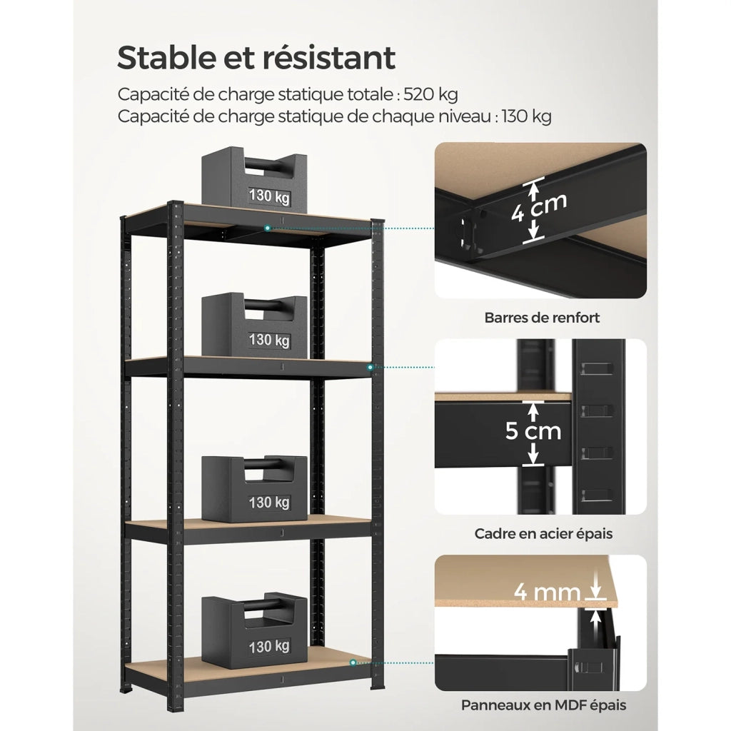Scaffalatura per carichi pesanti a 4 ripiani unità di stoccaggio in acciaio scaffalatura per garage a montaggio rapido per cassette degli attrezzi capacità 520 kg 40 x 80 x 160 cm nero 12_0005562