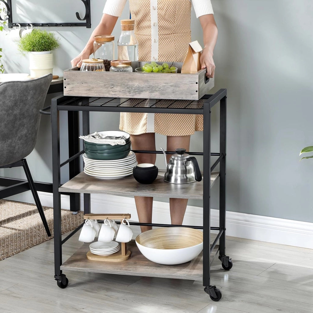 VASAGLE Carrello da Cucina con Vassoio Rimovibile, Carrello Portavivande Fisso o con Ruote, Struttura in Acciaio, Scaffale Cucina 40 x 72 x 86 cm, Greige e Nero Inchiostro LRC072B02