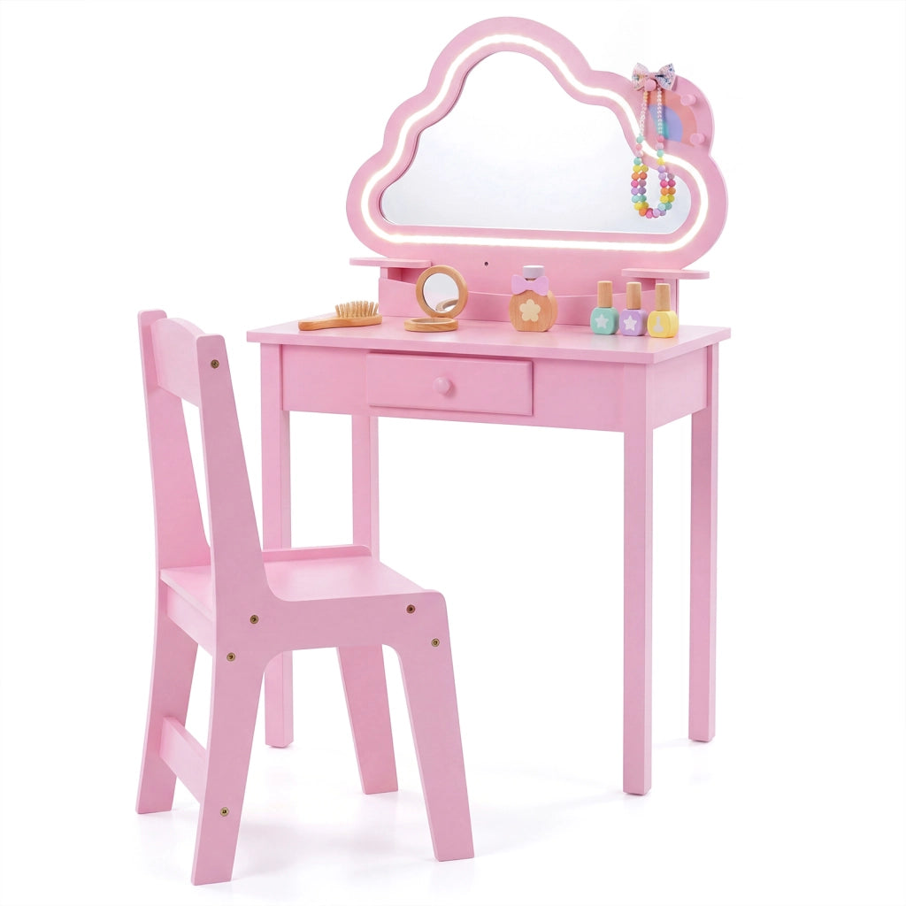 Toeletta trucco con sgabello specchiera con luci led a forma di nuvola, Set postazione trucco in legno con cassetto e ganci Rosa