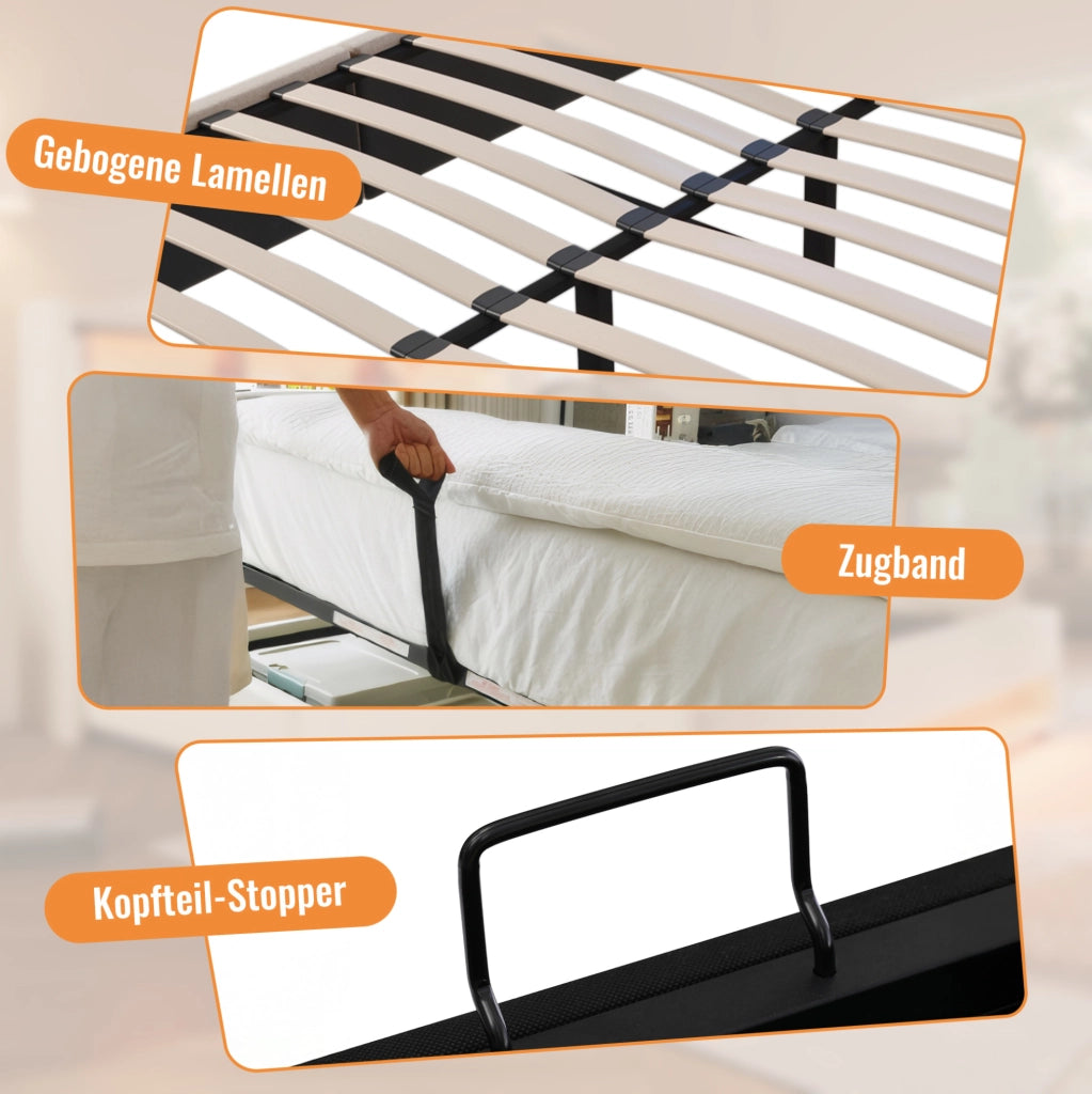 Letto imbottito 140x200 cm beige con materasso, USB-C e vano