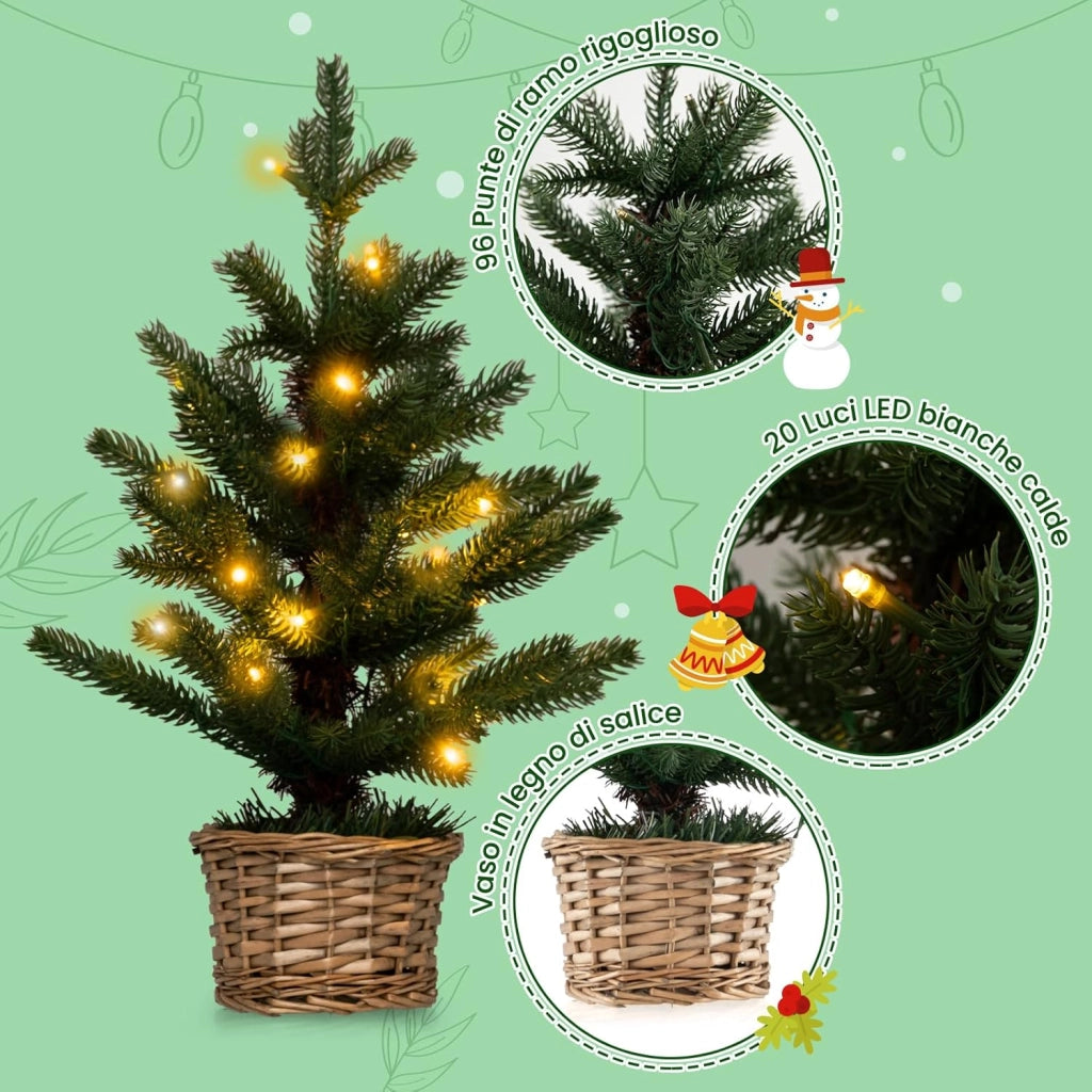 Mini Albero di Natale Artificiale Pre-illuminato, Albero di Natale Piccolo da Tavolo con 96 Rametti, 20 Luci LED Bianche Calde, Timer, Vaso in Legno di Salice